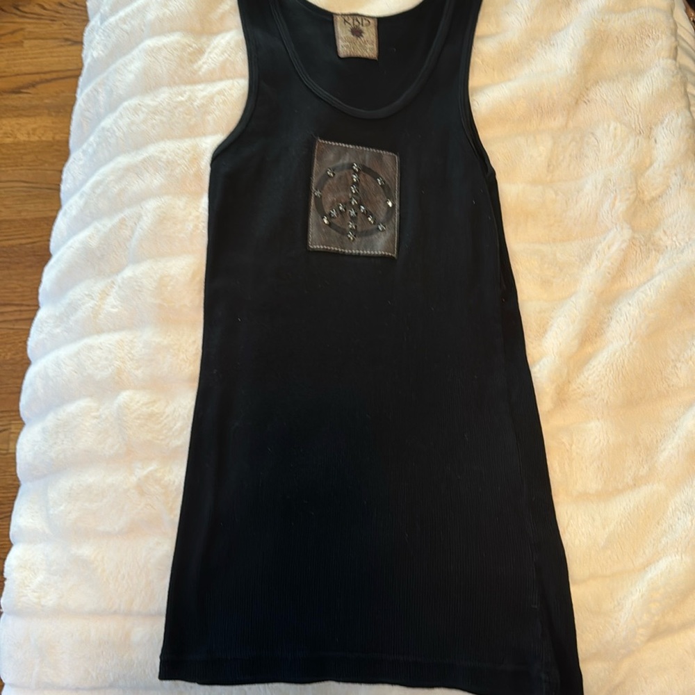 KBD Cotton Ribbed Black Tank Top with Crystal and Rhinestone Peace Sign